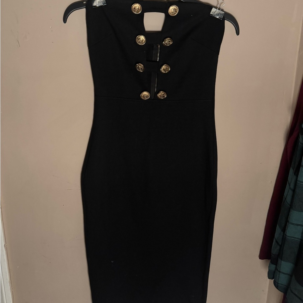Black Strapless Sheath Dress with Gold Button Detail